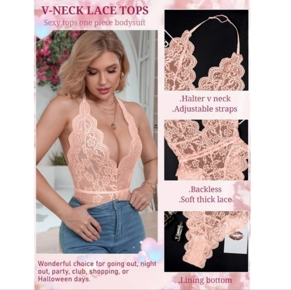 Deep V-Neck Lace Teddy Bodysuit Lingerie Backless One piece Large‎ - Picture 3 of 5